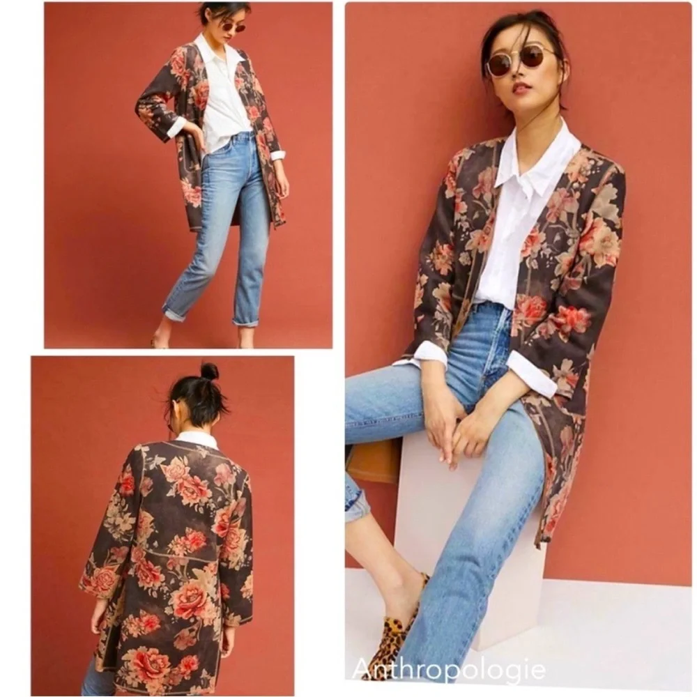 Anthropologie Solitaire Faux Suede Jacket statement piece cherry red floral - Picture 9 of 13